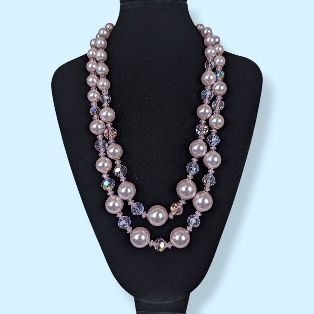 V. 2-Strand Pink Faux Pearl & Crystal Necklace